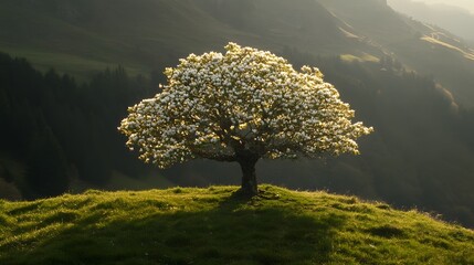 Serene Blooming Tree on Green Hilltop Landscape