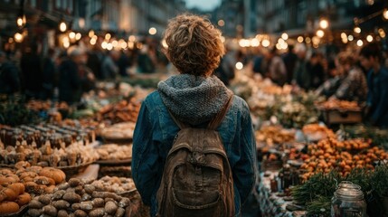 Traveler exploring market with fresh goods and crafts