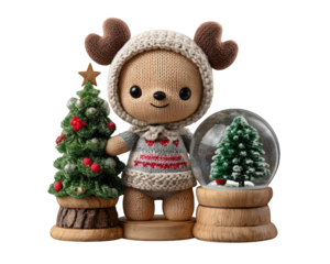 Cute reindeer doll Christmas tree snow globe wooden base festive decoration cozy knit holiday winter cheerful adorable scene