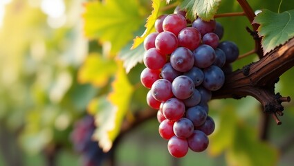 Ripe Red Grapes on Vine.