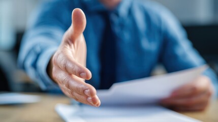 High quality photo of businessman offering a handshake for a deal or greeting.
