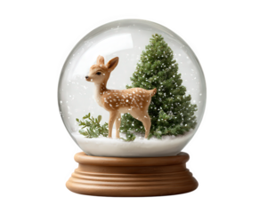 Snow globe with reindeer figurine, evergreen tree, artificial snow, and wooden base, creating festive and peaceful winter holiday decoration for seasonal home decor