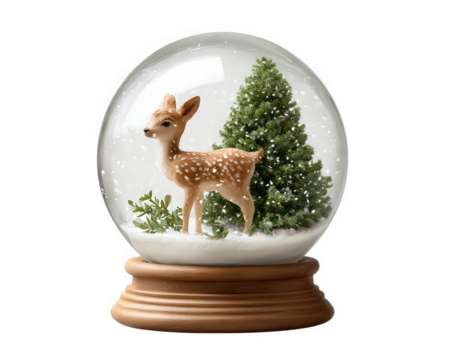 Snow globe with reindeer figurine, evergreen tree, artificial snow, and wooden base, creating festive and peaceful winter holiday decoration for seasonal home decor