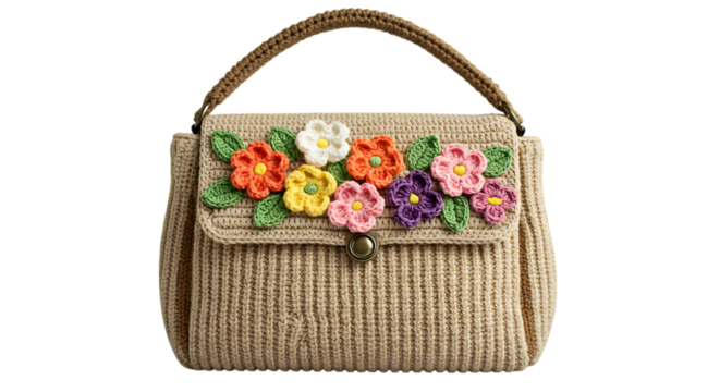 Handwoven bag templates beige woven handbag with colorful crochet flowers isolated on transparent background