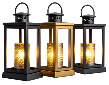 Modern Decorative LED Lanterns Trio, isolated on transparent background PNG