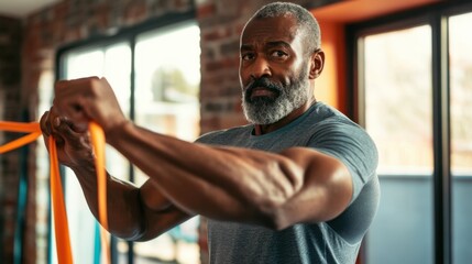 Man practices resistance band workouts indoors to build steady strength.