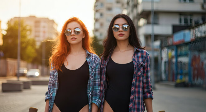 Two fashionable women with sunglasses enjoying a sunny evening walk in the city.