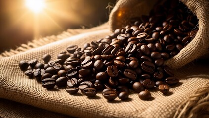 Roasted Coffee Beans Spilling Sack.