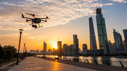 Obraz premium Drone delivery system flying above a smart city skyline at sunset