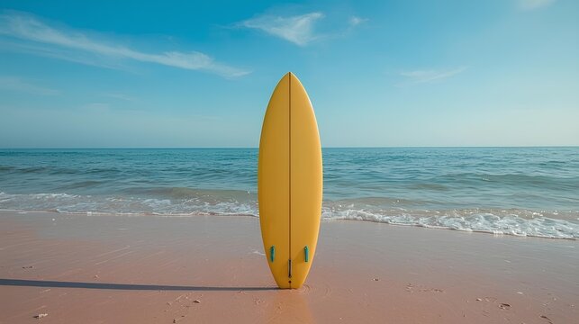 Vibrant yellow surfboard standing on a beautiful sandy beach, facing the tranquil blue sea waves on a sunny summer day