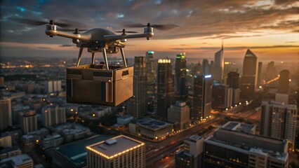 Fototapeta premium Drone delivery system flying above a smart city skyline at sunset