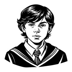 Boy portrait black and white line art illustration drawing of young male character in uniform tie