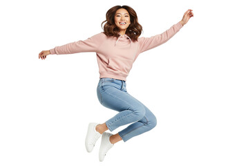 East asian woman jumping high up in the air