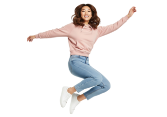 East asian woman jumping high up in the air