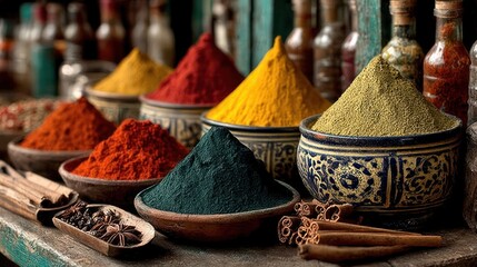Vibrant market stall with spices in vivid colors