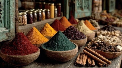 Vibrant market stall with spices in vivid colors
