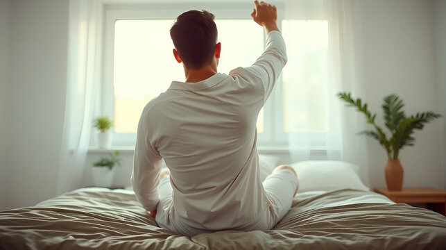 Back view of brunette man wearing pajamas sitting on bed and stretching body after waking up in the morning, looking at window, copy space. Comfortable healthy sleep concept - Powered by Adobe