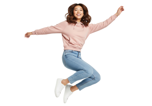East asian woman jumping high up in the air