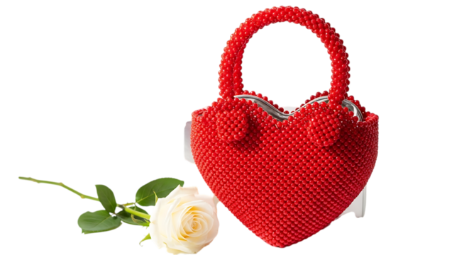Handwoven bag templates red heartshaped beaded handbag with a white rose, isolated on transparent background - Powered by Adobe