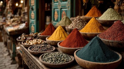 Vibrant market stall with spices in vivid colors