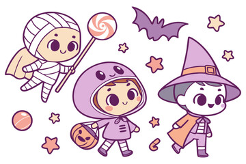 Kawaii Halloween Kids in Costumes with Candy and Bat Vector Illustration