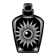 Black and white sun lotion bottle illustration for summer skincare and sun protection product design