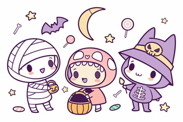 Kawaii Halloween Kids in Costumes with Candy and Bat Vector Illustration