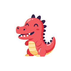Fototapeta premium Adorable smiling red dinosaur character with purple back spikes and a yellow belly sitting happily.