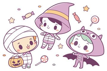 Kawaii Halloween Kids in Costumes with Candy and Bat Vector Illustration