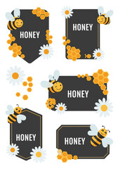 Charming honey labels featuring cute bees, cheerful daisies, and golden honeycombs for branding