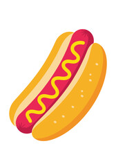 Juicy hot dog with vibrant mustard squiggle, a classic American fast food delight.