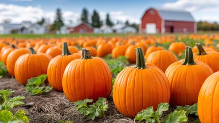 Pumpkins growing in field on sunny autumn day at farm or orchard