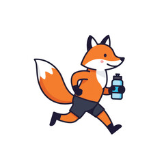 Obraz premium Cute athletic fox character running wearing shorts and holding a blue water bottle.