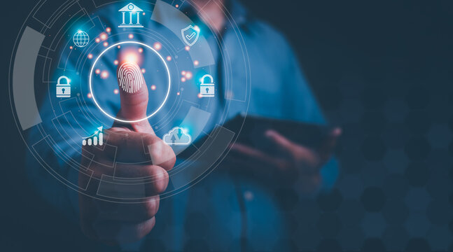 Man scanning fingerprint for biometric identification in digital security access systems like internet banking and mobile phones cybersecurity environment technological viewpoint biometrics concept