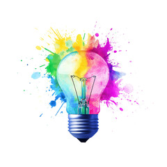 a colorful light bulb made of paint splashes, symbolizing creativity and innovation, isolated on a white background.