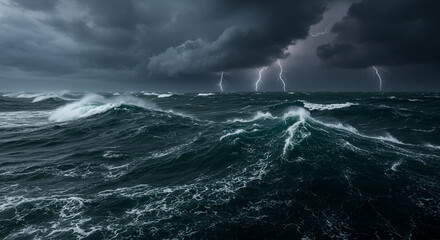 Dramatic seascape showcases turbulent ocean waves crashing under a stormy sky, with dark clouds and flashes of lightning, creating a powerful and awe-inspiring natural scene.