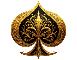 Ornate Black and Gold Spade Icon, Front View, Isolated Transparent Background PNG