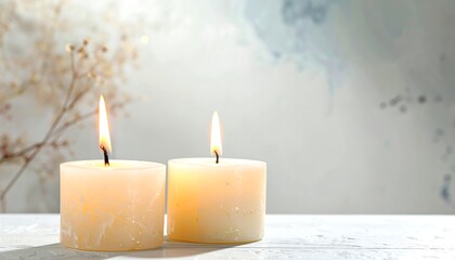 Two lit candles glow softly on a white surface, with a blurred background of dried flowers and a pale blue, textured wall