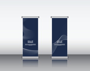 roll up banner edit file Dark Blue Corporate Roll-Up Banner – Modern Abstract Geometric 3D Render Mockup
