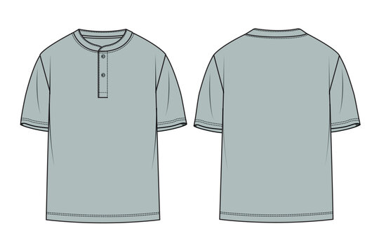 Short Sleeve Henley T-Shirt Flat Sketch Vector.
Men's Grey Henley Tee Fashion Template.
Basic Henley Shirt Design with Buttons. Fashion Flat Sketch, Fashion Template, Technical Drawing