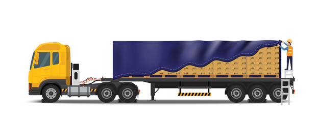Isometric Shipping, Cargo transport. Big commercial semi-truck with trailer. Cargo Truck transportation, delivery, boxes. Delivery and shipping business cargo truck and logistic systems.