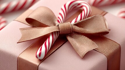 Christmas gift decorated with candy cane and golden ribbon bow