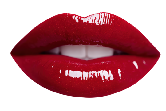 Close Up Red Lipstick Lips with Teeth on Transparent Background