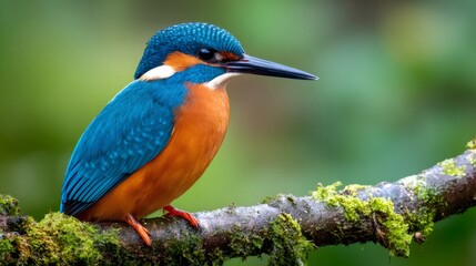 Common kingfisher perching on mossy branch, colorful bird watching