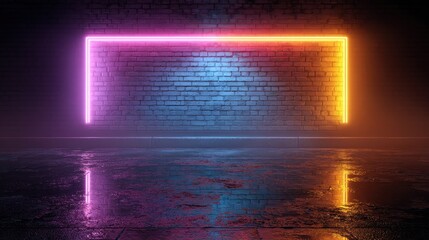 High quality photo of vibrant neon rectangle frame reflecting on wet brick wall.