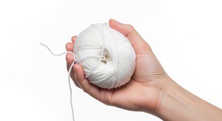 Hand holding a ball of white yarn, Hand on white background