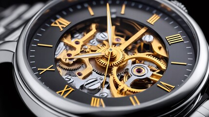 Luxury skeleton watch showing its intricate mechanism close up
