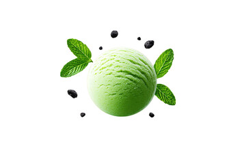 Green Ice Cream Scoop with Mint Leaves and Blueberries on Transparent Background