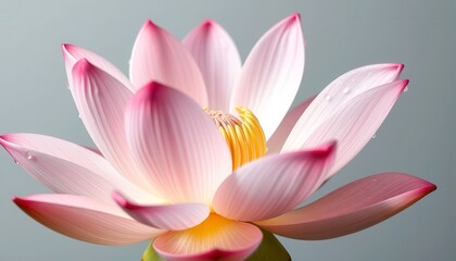 Fototapeta premium Close up of a delicate pink lotus flower with yellow center isolated on white background