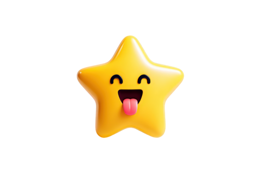 Cute Yellow Star Emoji with Happy Face and Tongue Out on Transparent Background